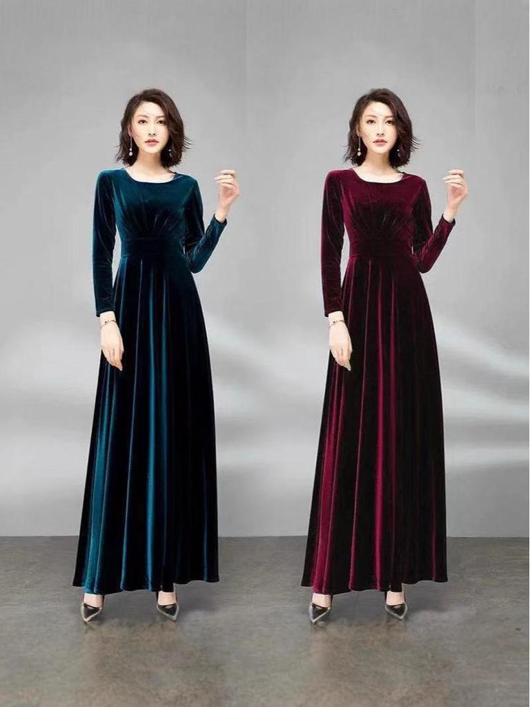 Noblewoman Autumn Golden Velvet Cinched Waist Long-Sleeved Dress with Large Hem