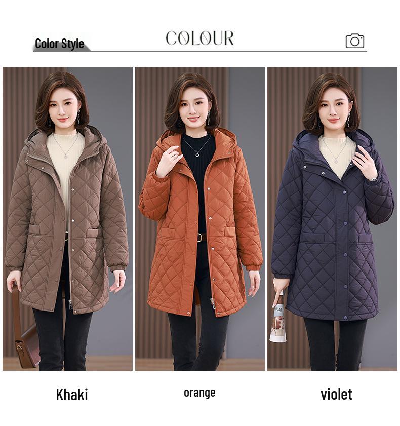 Damen Winter 2024 Rautenmuster Kapuzen Daunen Baumwollmantel für Mütter mittleren Alters