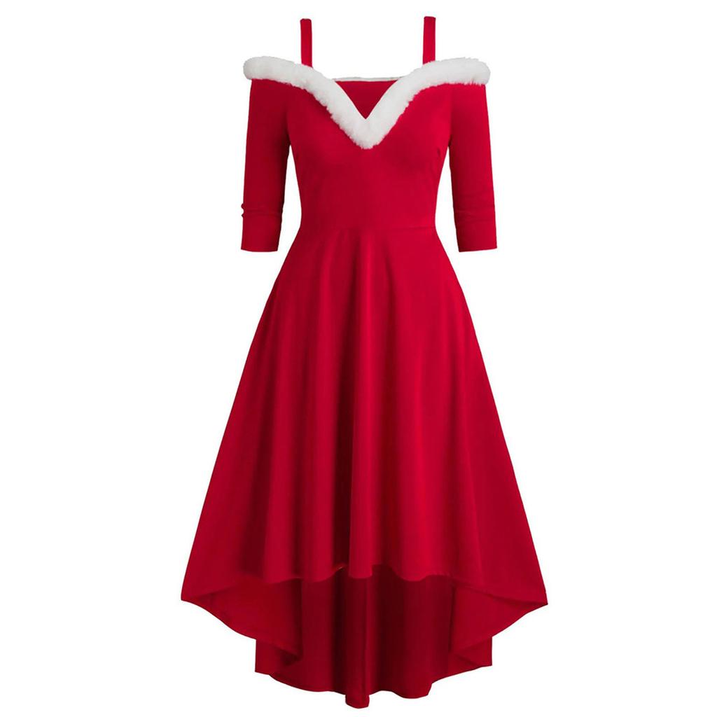 Women Christmas Long-sleeved Dress Plush High And Low Deep V Off-shoulder Big Swing Dress