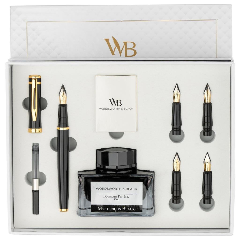 Fountain Pen Gift Set with Ink 6 Ink Ink Refill and 4 Replacement Premium Smooth Writing Black Gold Bottle, Cartridges, Converter, Nibs, Packaging,