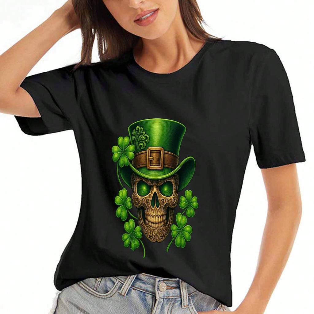 St. Patrick Day Gnome Ladies Cotton T Shirt, Pure Cotton Highquality Printing, Durable, Leisure And Fashion.Green Shamrock Irish Festival Elet Pattern