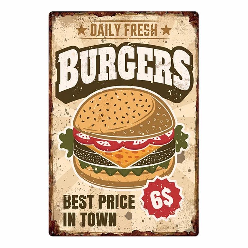 Hamburger Metallschild Plakette Vintage Burger und Pommes Metall Küche Restaurant Laden Wanddeko 8x12 Zoll