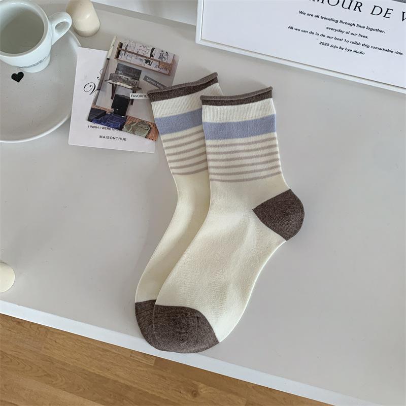 Women's New Autumn Color Striped Curled Boneless Tube Stack Socks