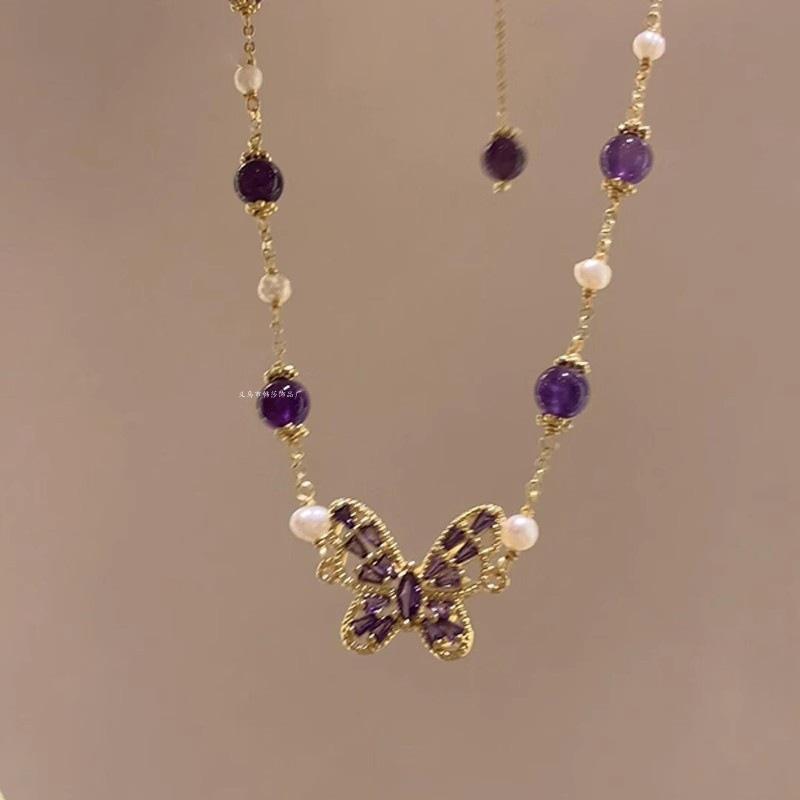 Amethyst Pearl Zircon Butterfly Pendant Necklace Fashion Light Luxury Bracelet Personality Temperament Necklace Jewelry Women's High Sense