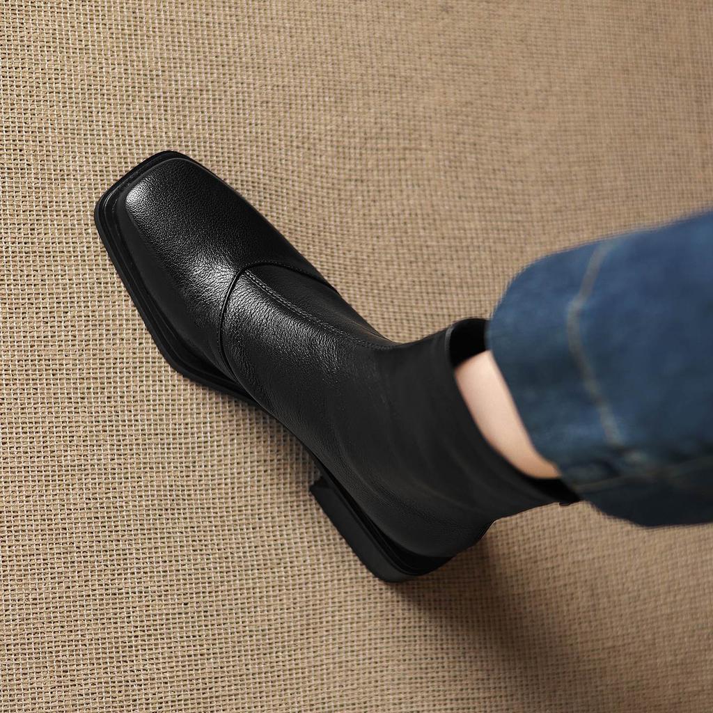 Krazing Pot Sheepskin Winter Square Toe Western Boots Med Heels Zipper Women Ankle Boots