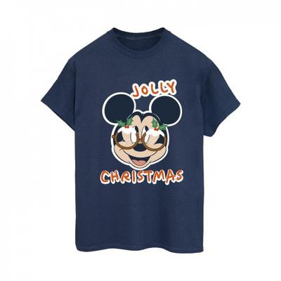 Womens/Ladies Mickey Mouse Jolly Christmas Glasses Cotton Boyfriend T-Shirt