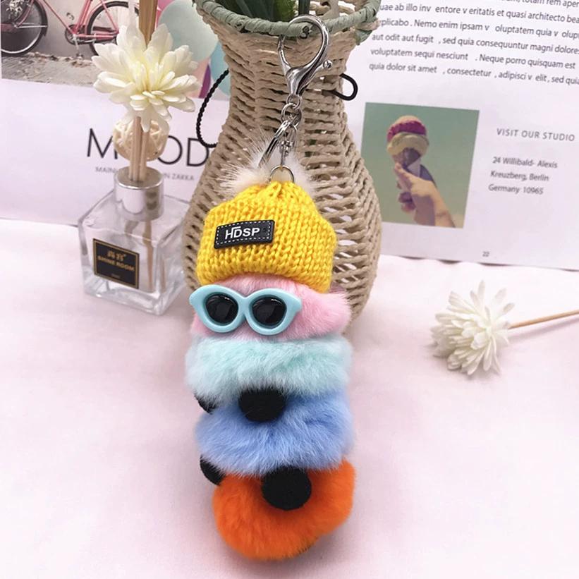 Rex Rabbit Colorful Caterpillar Plush Bag Pendant Keychain Creative Cute Female Mink Jewelry Gift