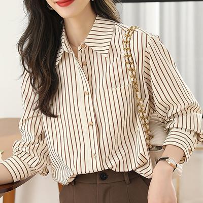 Retro Vertical Striped Shirt for Women, Summer Long Sleeved Loose and Versatile Commuting Professional Top