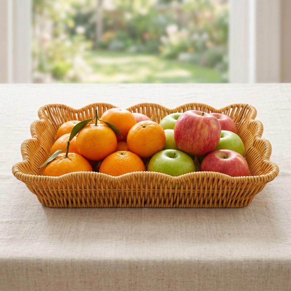Plastic Hand Woven Storage Basket Rectangular Bread Storage Tray Durable Fruit Plate Picnic