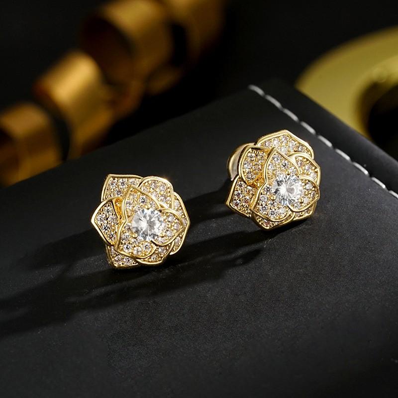 Elegant Camellia Flower Stud Earrings Women Sterling Post Micro Pave Zirconia Lightweight Slimming Design