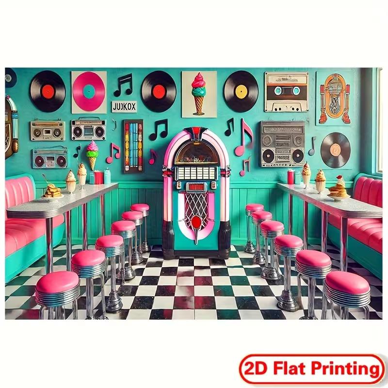 Retro 50s Diner Tapestry, Jukebox & Checkerboard Background Cloth, Bar Wall Decor