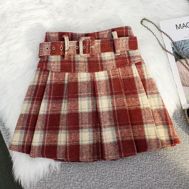 Plus Size Plaid Wool A-Line Belted Skirt - Autumn/Winter, Red, High Waist, Petite Short Skirt for 200 Jin