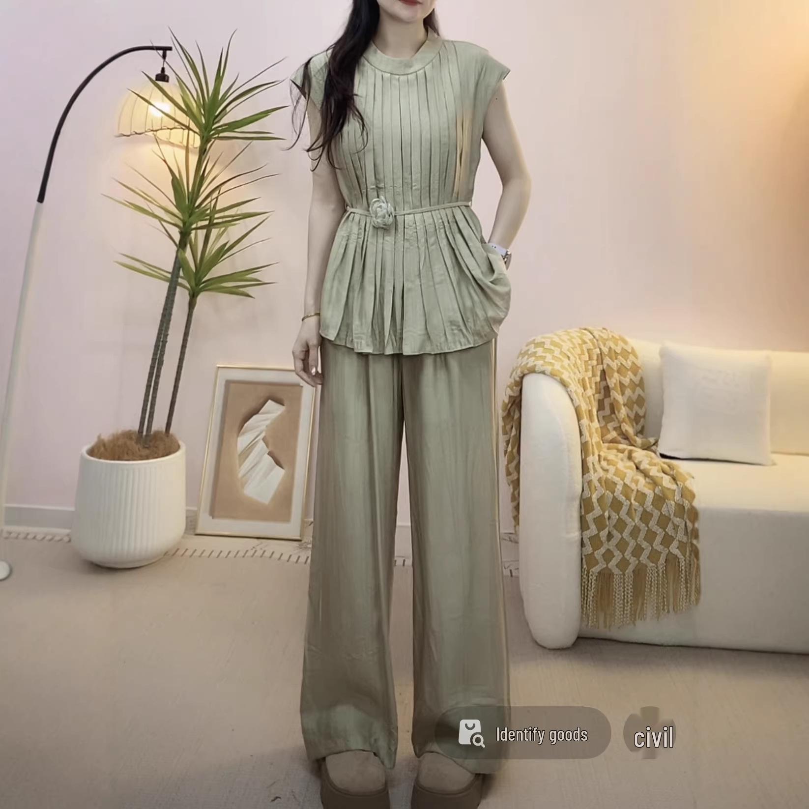 

2026 Summer Sleeveless Loose Top & Wide-Leg Pants Two-Piece Set XXL (64-71 kg) хакі