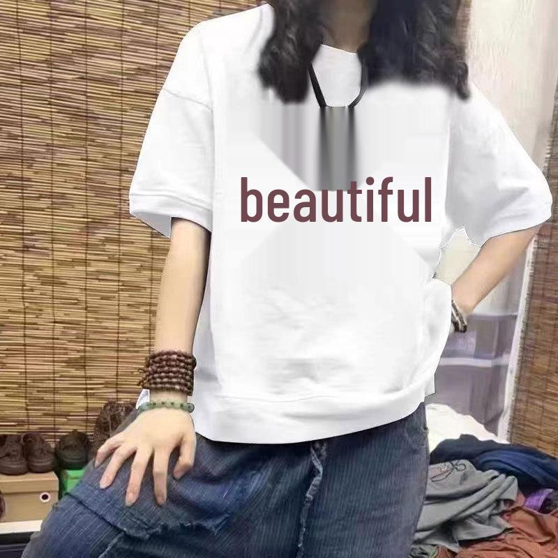 

Женская повседневная футболка с коротким рукавом из 100% хлопка, стильного облегающего дизайна и модным принтом, большого размера 2XL (140-160 kg)