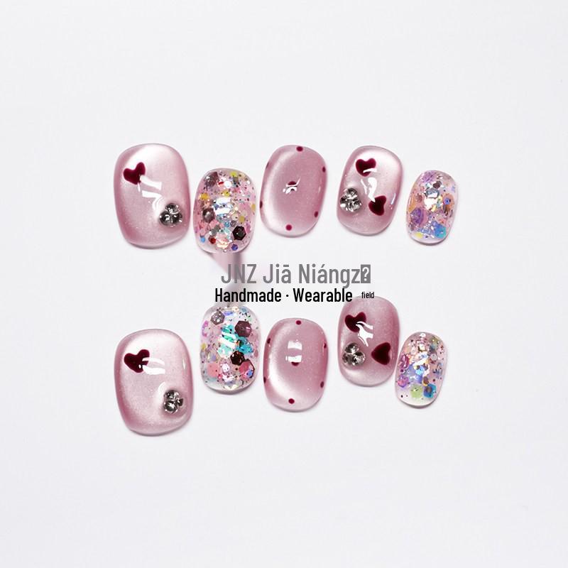 Jia Niangzi Handmade Cat Eye Nude Pink Nail Set with Polka Dots, Hearts & Sequins - Short Spring/Summer Design