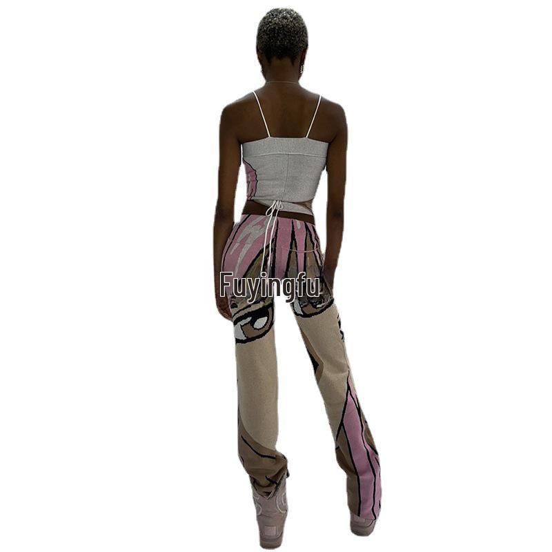 Y2K Millennial Retro Coachella Pink Comic Avatar Knitted Casual Pants
