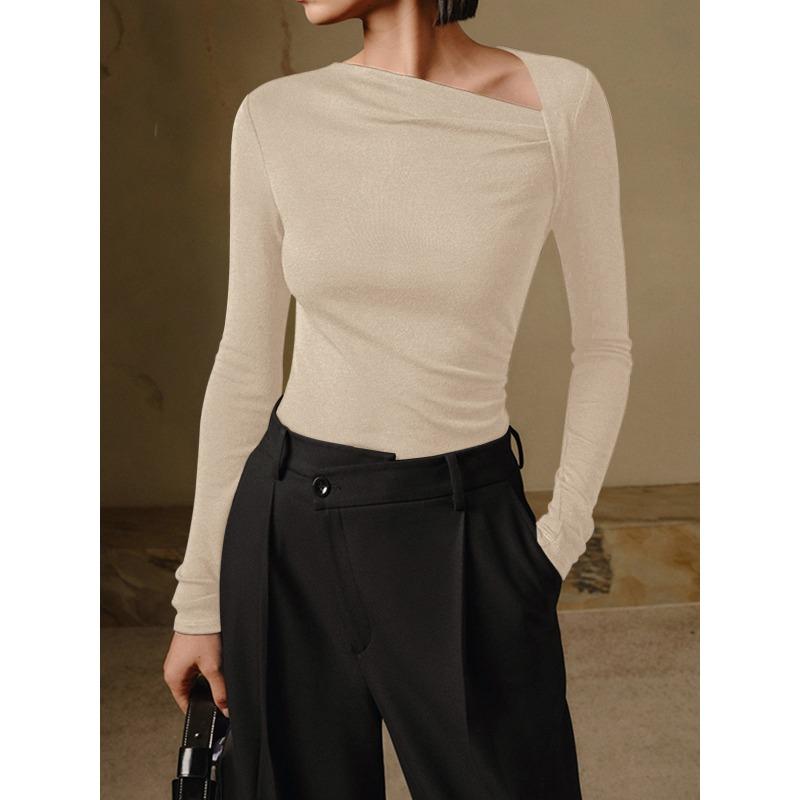 Women's Sexy Slant Neck Long Sleeve Solid Colour Inner Temperament Elegant Top