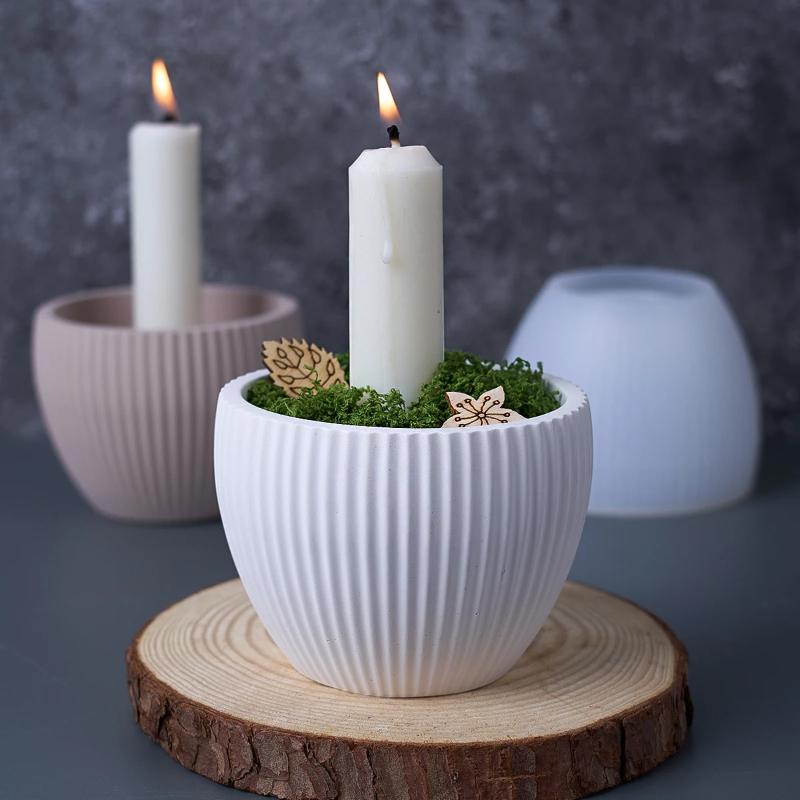 Round Stripe Candle Cup Silicone Mold DIY Candlestick Concrete Casting Molds Plaster Resin Flowerpot Craft Making Home Decor