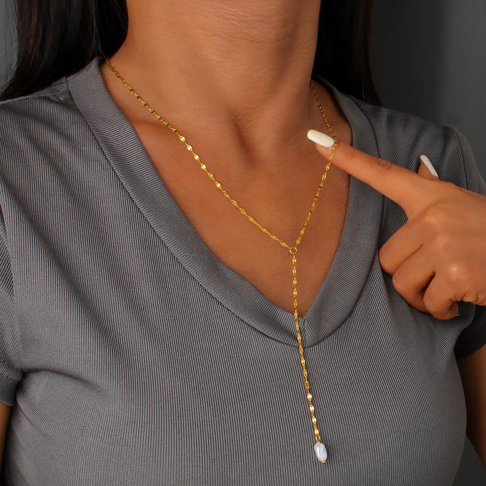Vintage Pearl Pendant Necklace: 18K Gold Plated Y-Shaped Stainless Steel Clavicle Chain