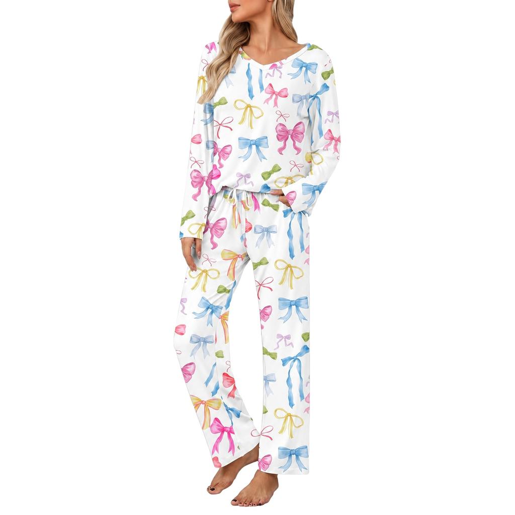 Women's V-Neck Pajama Set Long Sleeve Top and Pants Loose Fit Plus Size Two-Piece Loungewear for Spring and Fall