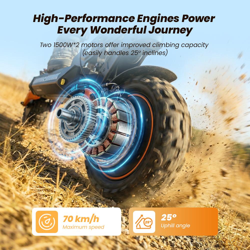 W12 Elektroroller 1500W*2 Doppelmotor 25Ah Akku 11'' Offroad-Reifen Doppelscheibenbremse Doppelfederung Geschwindigkeit 25KM/H Elektroroller