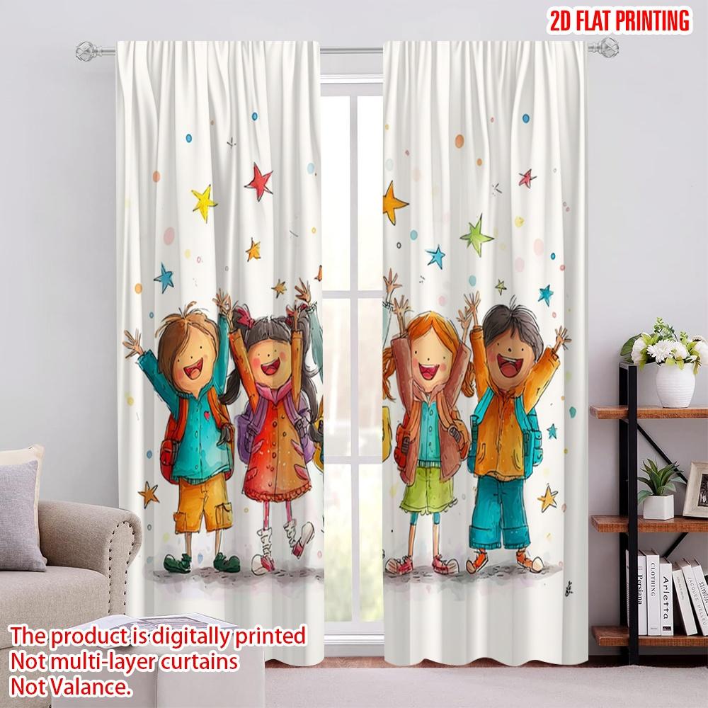 2pcs,2D Plane Printing Curtain Popular Happy Youngsters Back To School Versatile Durable Polyester (without Rod) Holiday for