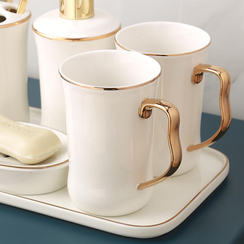 Ceramic Bathroom Set White Tooth Brushing Cup Draining Soap Box Household Shampoo Bottle Washing Six-piece Bathroom Accessories