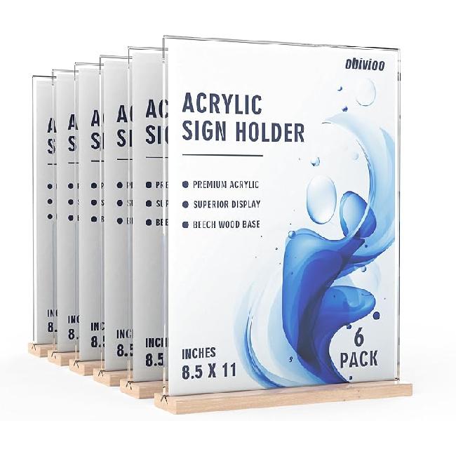 Acrylic Sign Holder 5.5x8.5 with Wood Base, Clear T shape Table Display Stands for Office, House, Store, Restaurants, and Event use, Double side