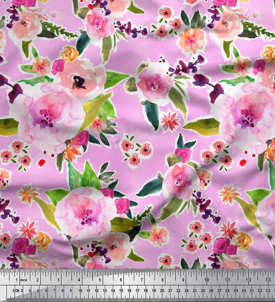 

Soimoi Japan Crepe Satin Fabric Flower & Leaves Watercolor Print Швейна тканина метр 42 дюйма 42 Inch Wide - Poly Crepe рожевий