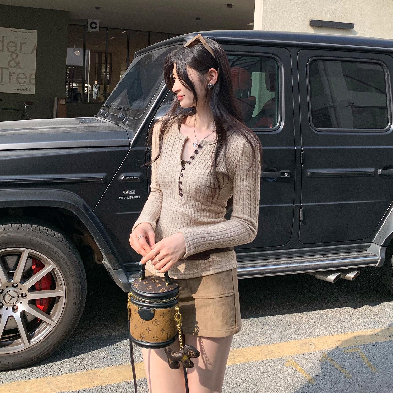 Henley Collar Cable Knit Slimming Base Layer Top for Women - Autumn/Winter Elegant Slim Fit Long Sleeve Small