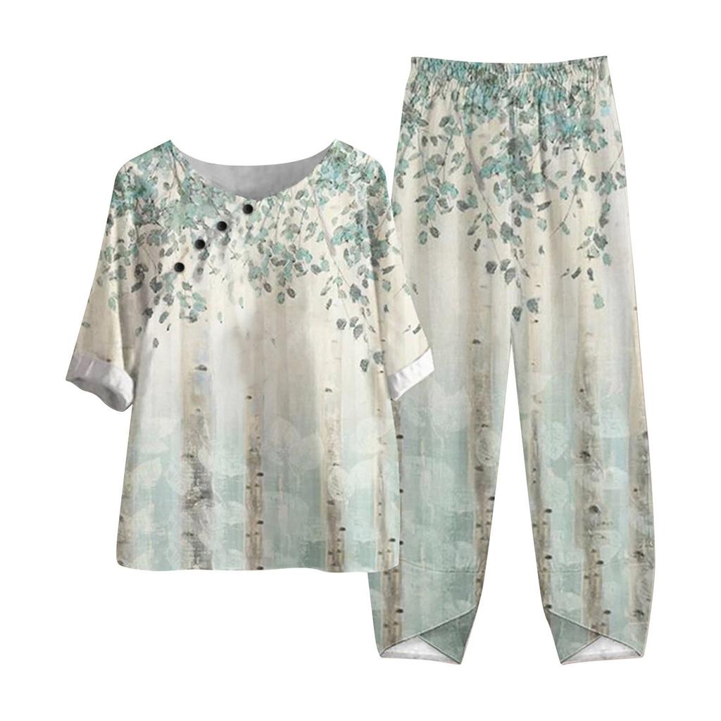 Dámské letní topy s polovičním rukávem s potiskem, elastický pas, devítidílné kalhoty, dvoudílná sada