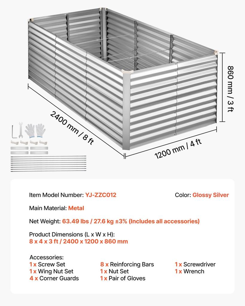 Galvanized Raised Garden Bed, 2400 x 1200 x 860 mm, Rectangular Metal Planter Box Kit Outdoor, Bottomless Planting Box with Gloves, Rustproof