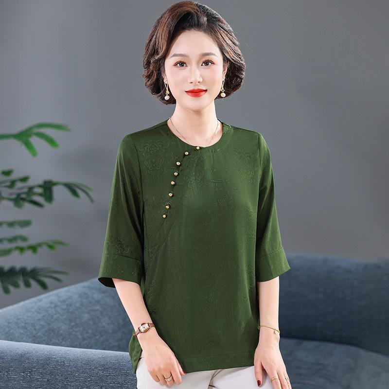 

Elegant 2026 Summer Imitation Silk Chinese Style Frog Button Dress for Age-Reducing Middle-Aged and Elderly Women s Fashion XL (45-52.5kg)