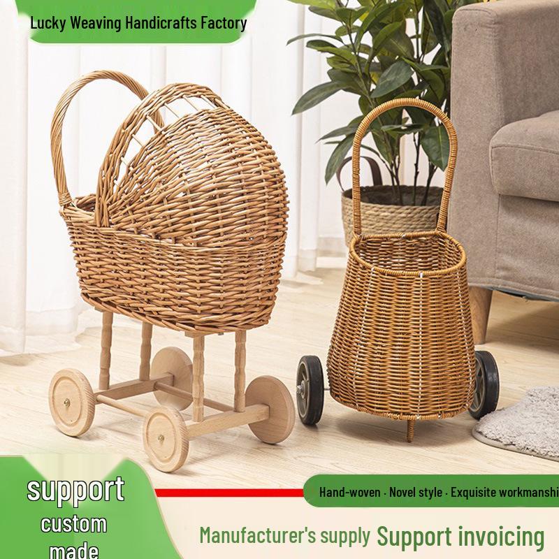 

Hand-Woven Rattan Baby Walker & Photography Prop Stroller No