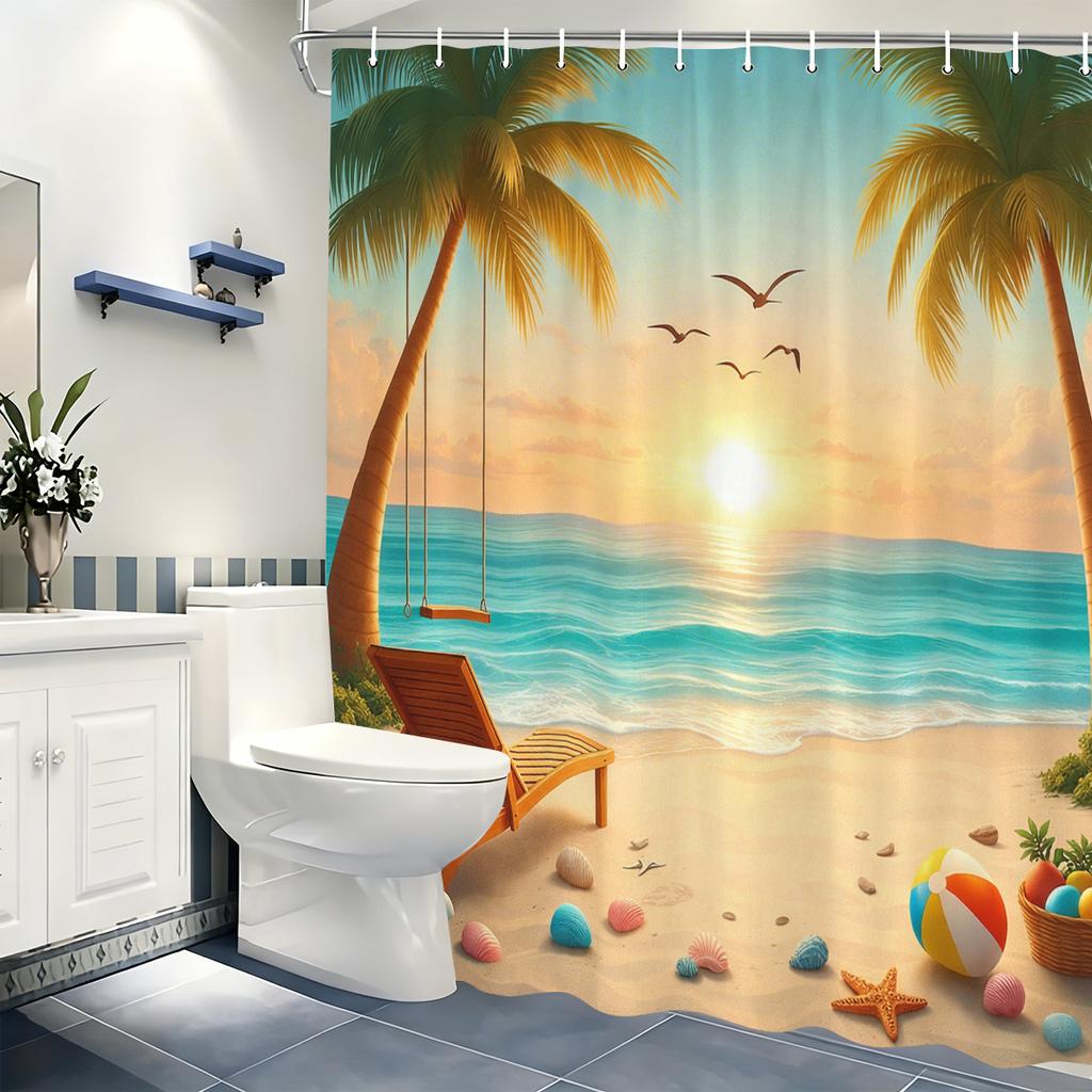 Scenic Coastal Themed Polyester Shower Curtain - 2D Printed Beach & Seaside Scene Bathroom Decorative Curtain