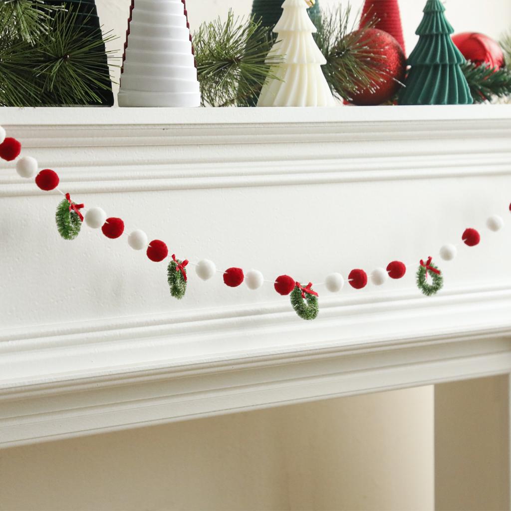 Christmas Pom Pom Garland with Green Wreath Ornaments, Red & White Felt Ball String, Festive Hanging Decor for Xmas Tree & Home