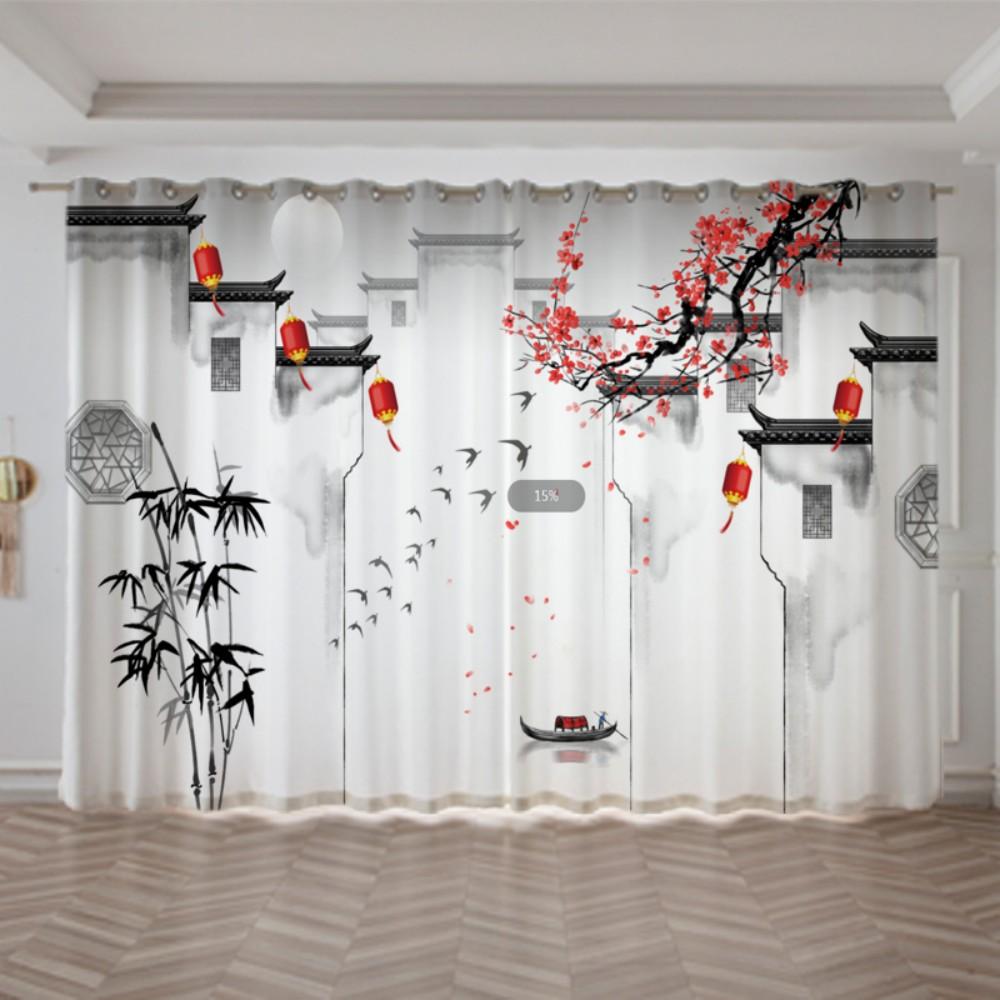 2pcs Chinese Mountain Lnk Painting Print Curtain Grommet Top Polyester Material For Living Room Bedroom Kitchen Free Shipping
