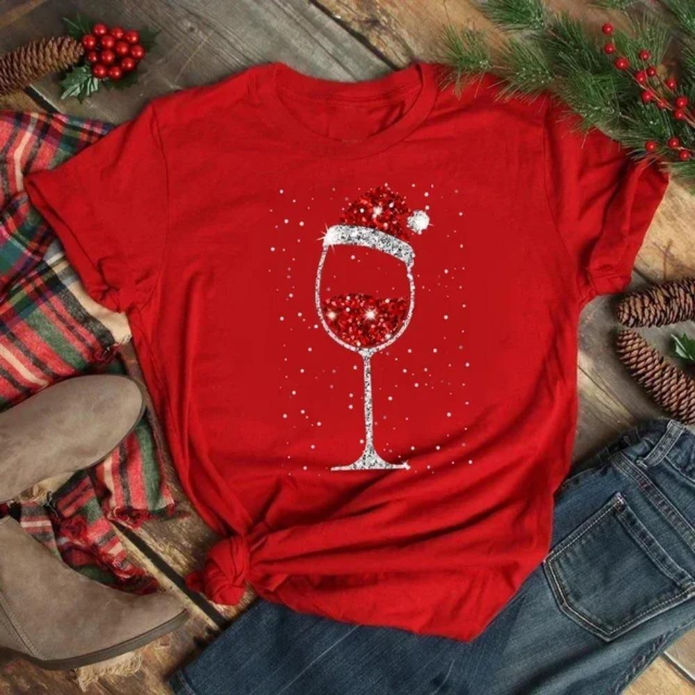 Wine Glasses Christmas T Shirt Women's Fashion Funny Merry Christmas T Shirt Cute Women Graphic T-shirt Clothing