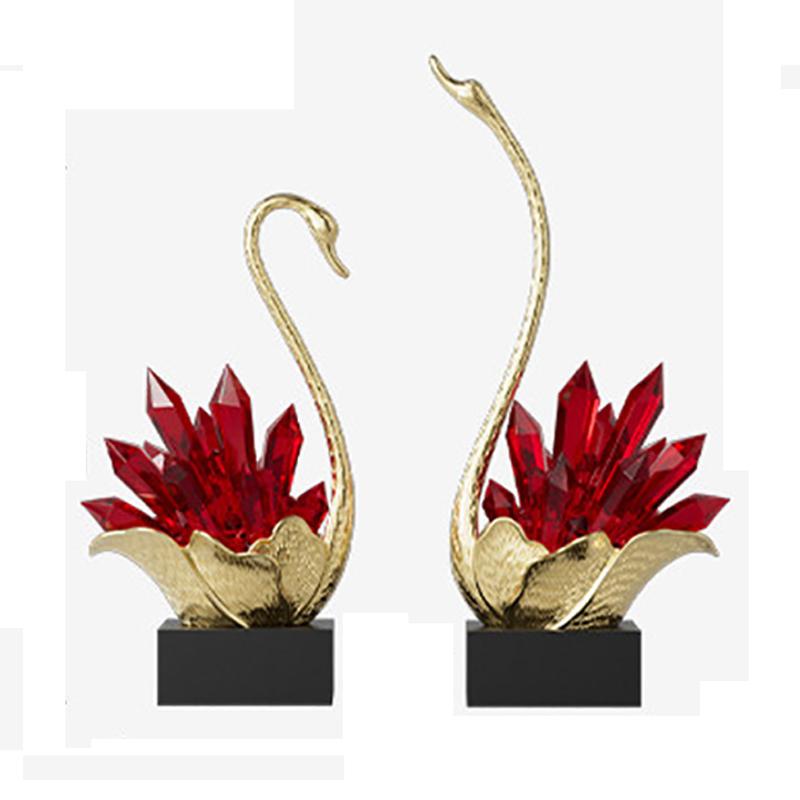 Gilded Crystal Swan Sculpture Two Piece Set Creative Artwork Ornaments Golden Swan Desk Decoration Modern Home Decor Accessories