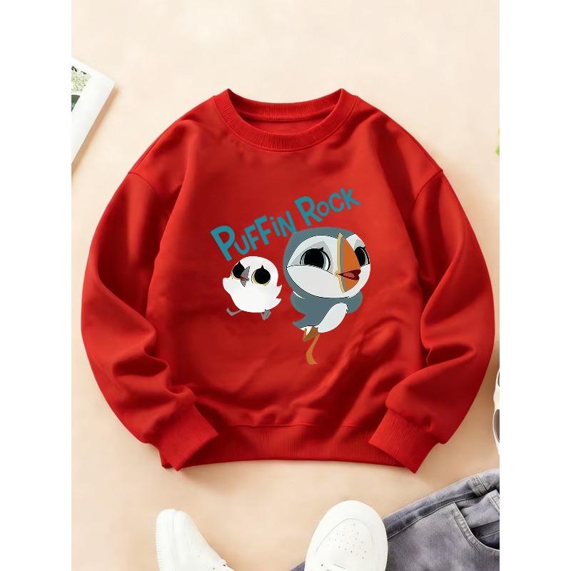 Taglie Europee Felpa Girocollo per Bambini, alla Moda Manica Lunga con Stampa Divertente a Cartoni Animati Puffin Rock, Sportiva, Casual, Moda
