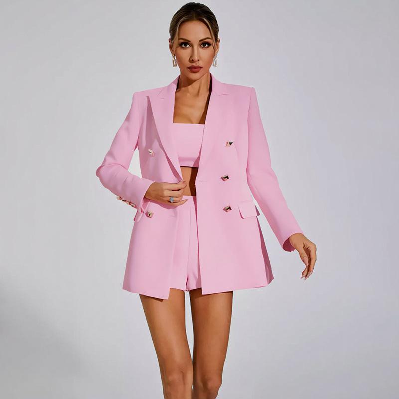 Foreign trade import and export women s clothing cross-border Amazon European and American suit suit three-piece suspender top + pants + coat S розовый