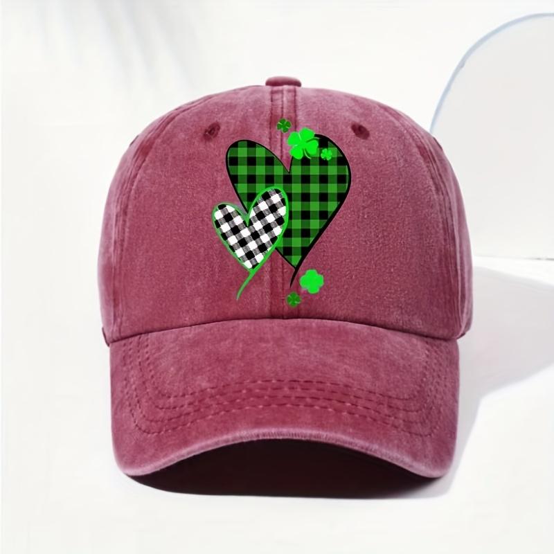 

Retro Plaid Heart Clover Print Baseball Cap Unisex Casual Polyester Washed Sunshade Outdoor Adjustable Cap One Size