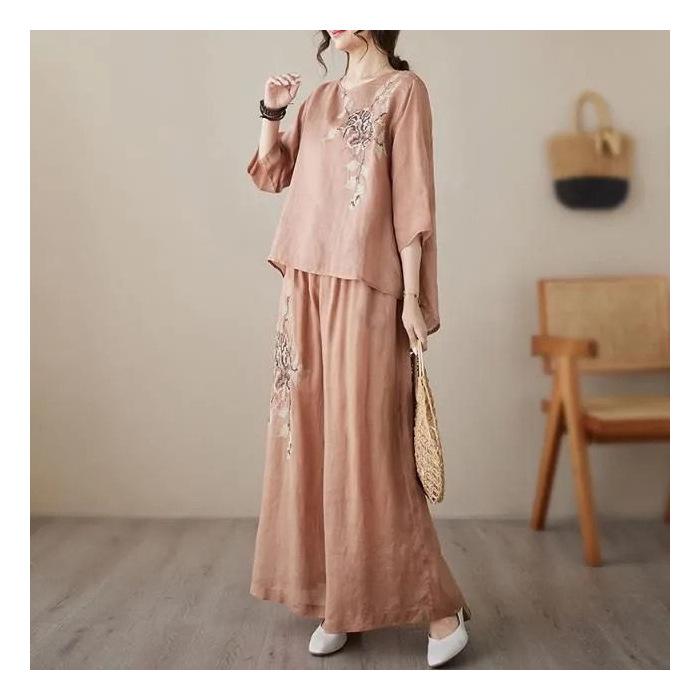 Retro Besticktes Sommer Slim Fit Lässig Chinesischer Stil Kurzarm Unterteil Set Damenmode