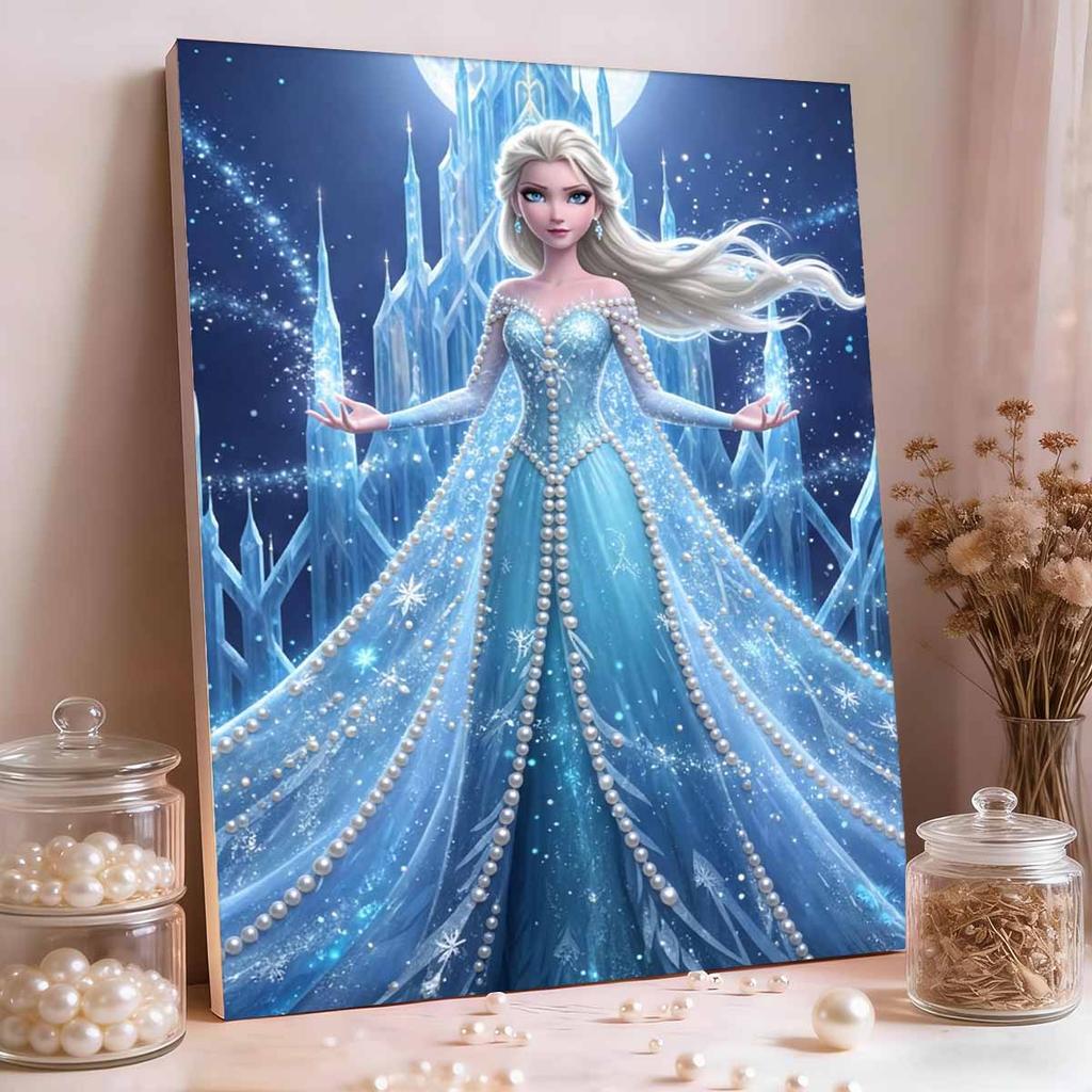 Castello di Ghiaccio Illuminato dalla Luna Elsa Nuova Arte Senza Cornice Intarsiata di Perle | Artigianato di Perle Fatto a Mano, Tema Castello di Ghiaccio Stellato, per Elegante Decorazione di Lusso Frozen
