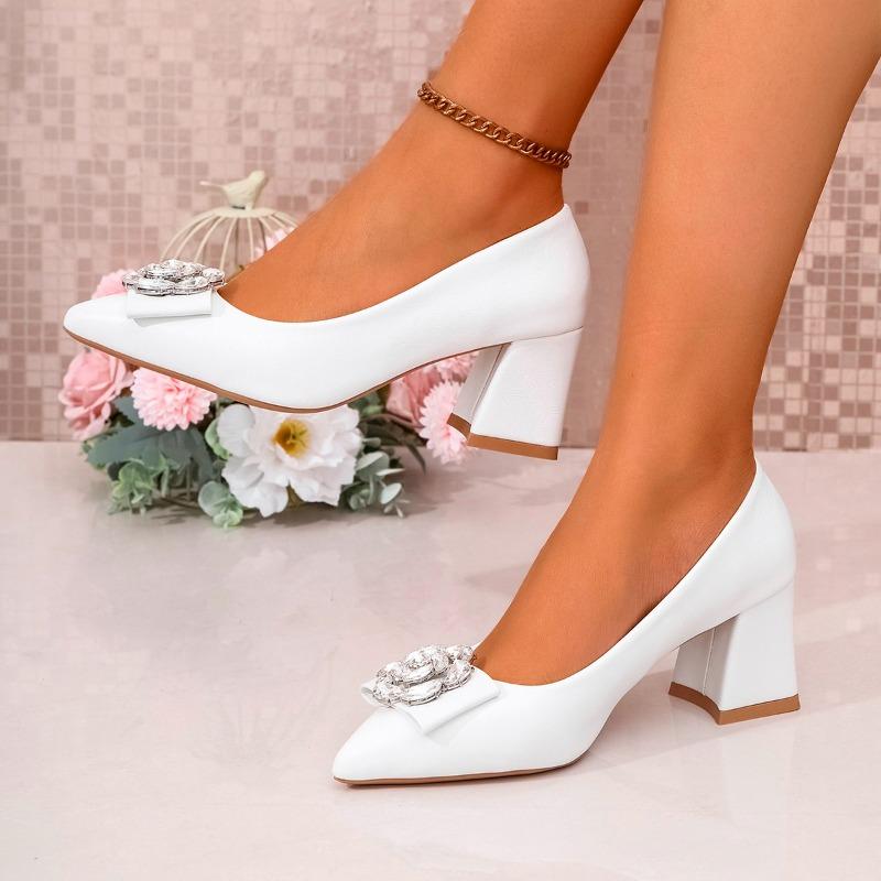 Fashion High Heel Single Shoes Summer New Pointed Head Shallow Mouth Drill Flower Set Foot Anti-slip Wear-resistant Square Heel Shoes