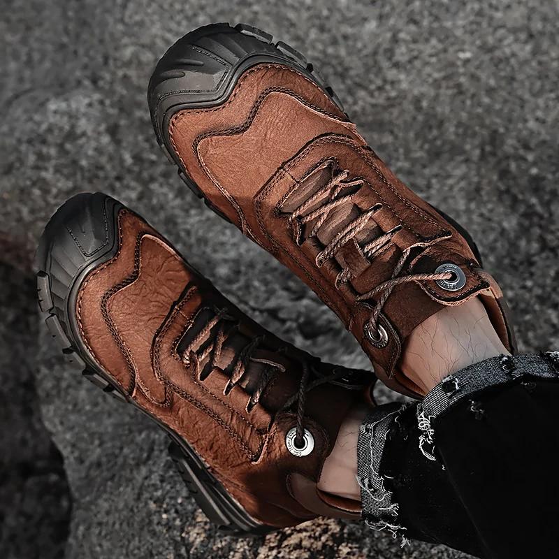 Fashion Hiking Men Boots New Leather Outdoor Walking Boots Man Non-Slip Retro Man Casual Boots Winter Warm Comfy Leather Men's Shoes