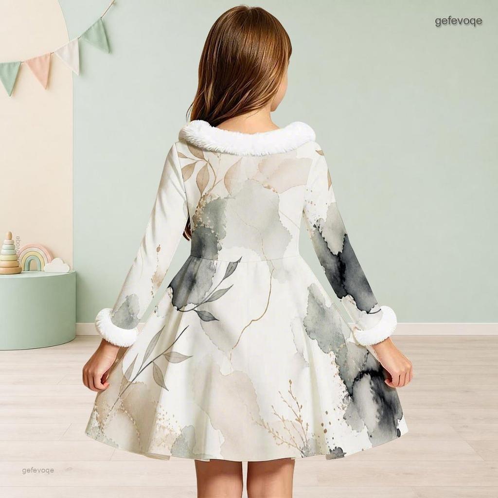 Girls Off White Printed Long Sleeve Fur Collar Bow A Line Flared Dress