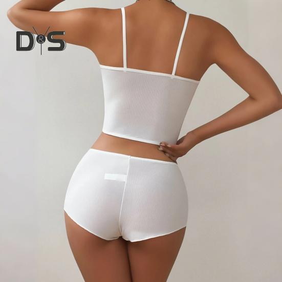 Dámský 2dílný pyžamový set Letní sexy Crop Cami Top a šortky Set ležérní žebrované spací prádlo s květinovou výzdobou