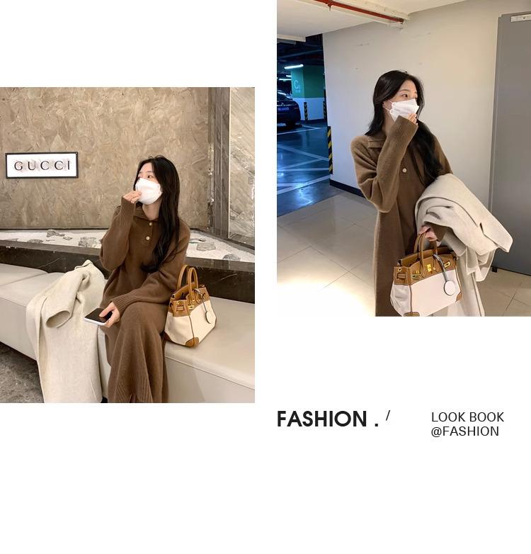 Women's French Knit Lapel Sweater Dress with Coat, Autumn/Winter Style - Loose, Long, Over-the-Knee, Thick Design