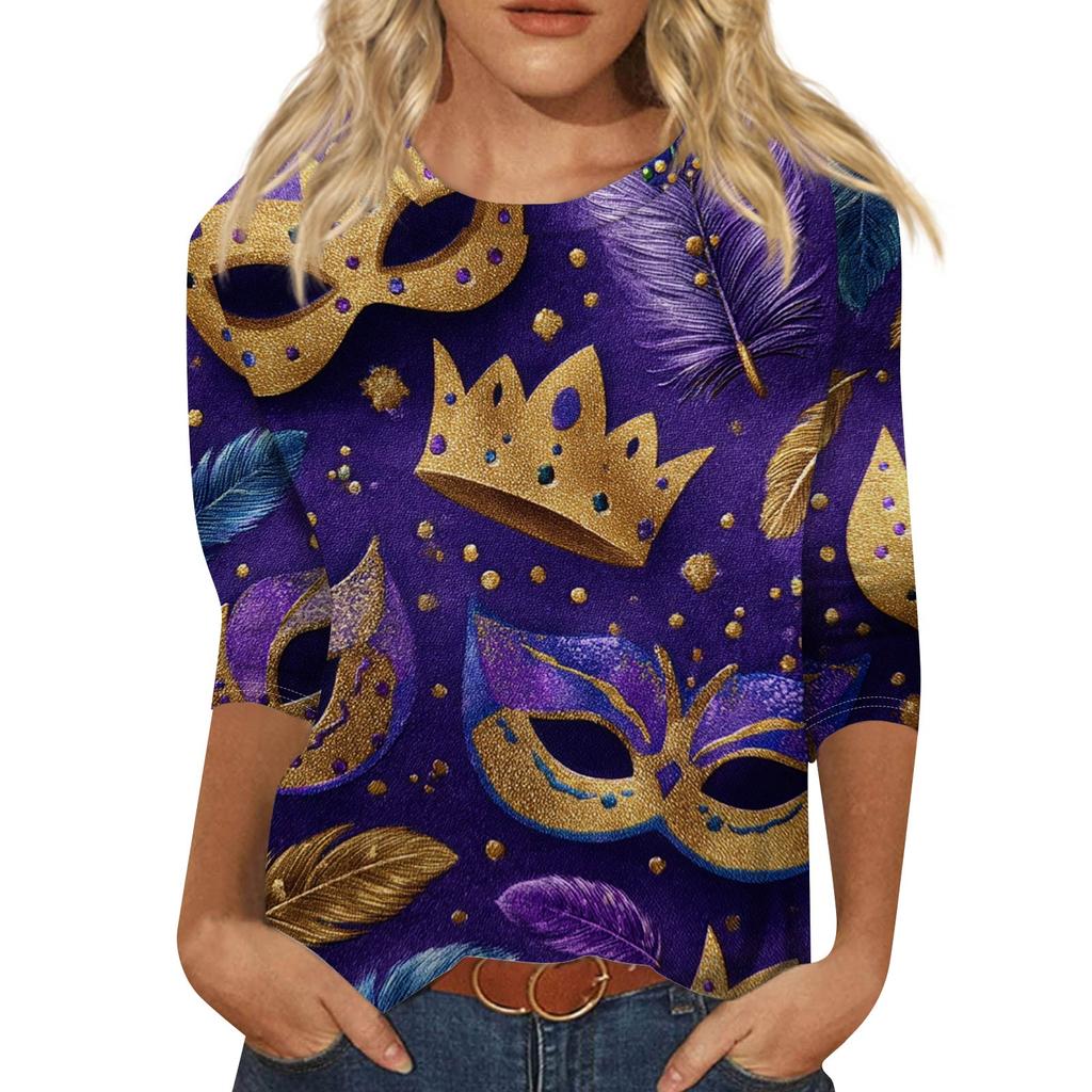 Women's Fashionable Casual Three-Quarter Sleeve Carnival Print Neck Top